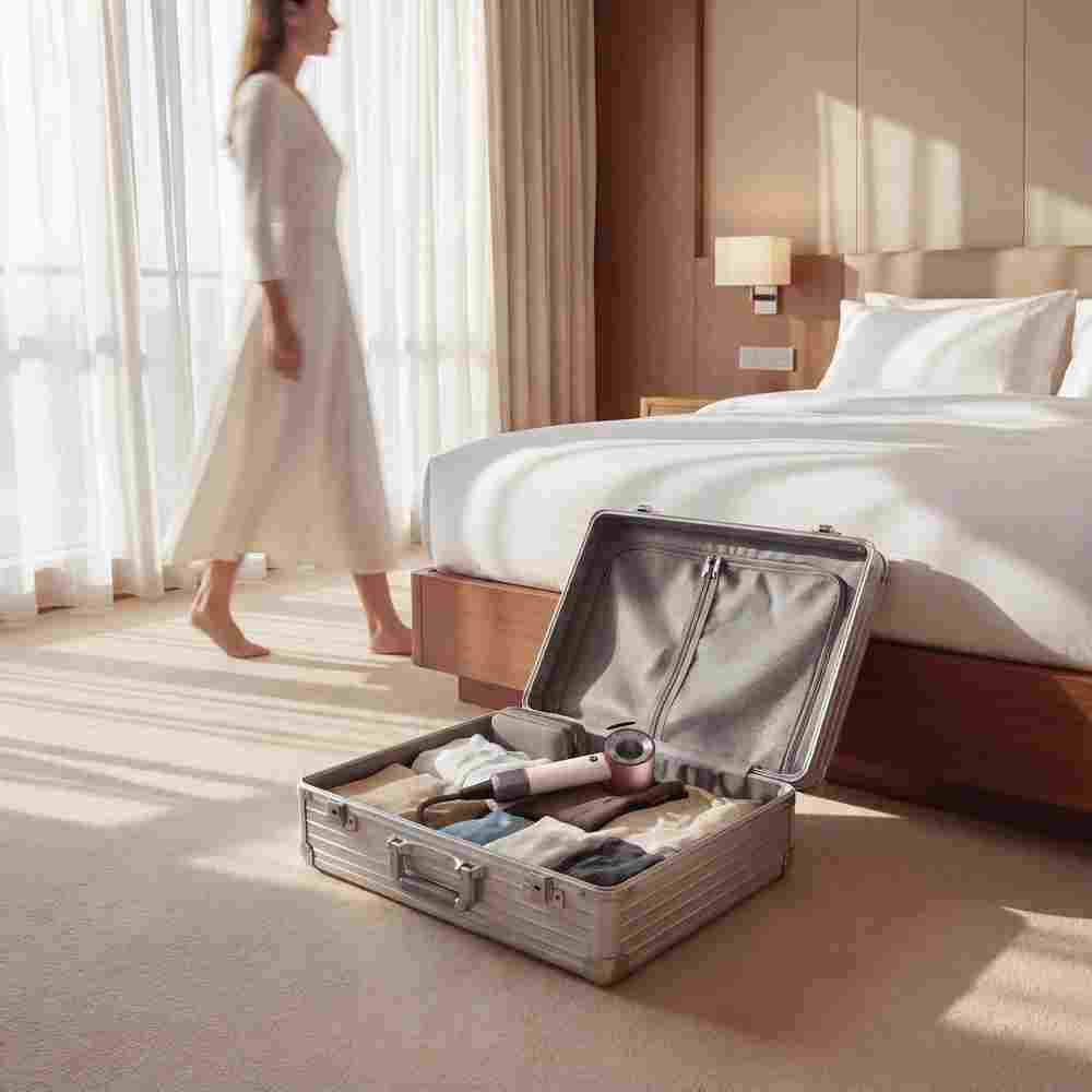 A woman in a white dress walks past an open silver suitcase on a hotel room floor near a bed.