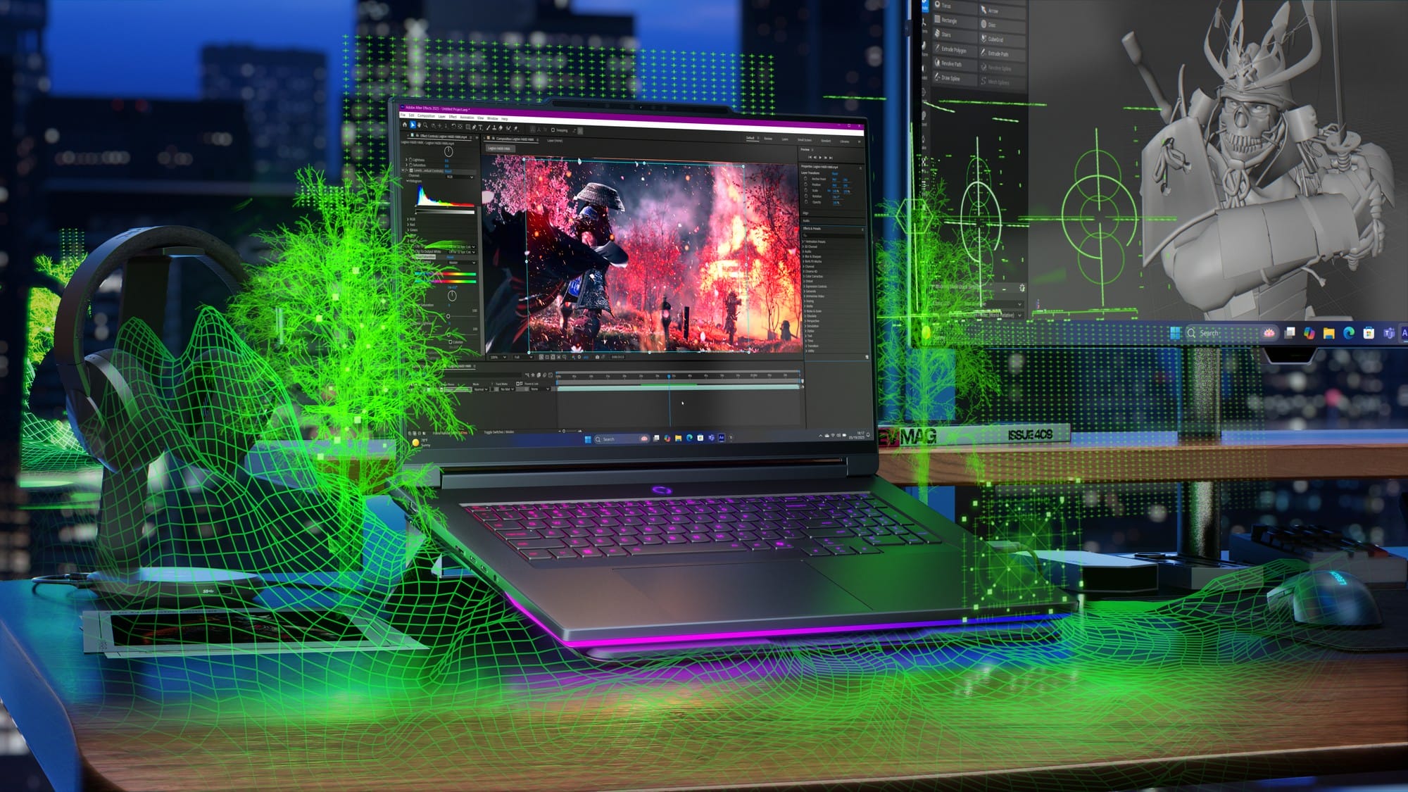 NVIDIA Lenovo Workstation with a laptop and two monitors displaying 3D rendering software, neon green wireframe graphics, and a 3D model on the right side.