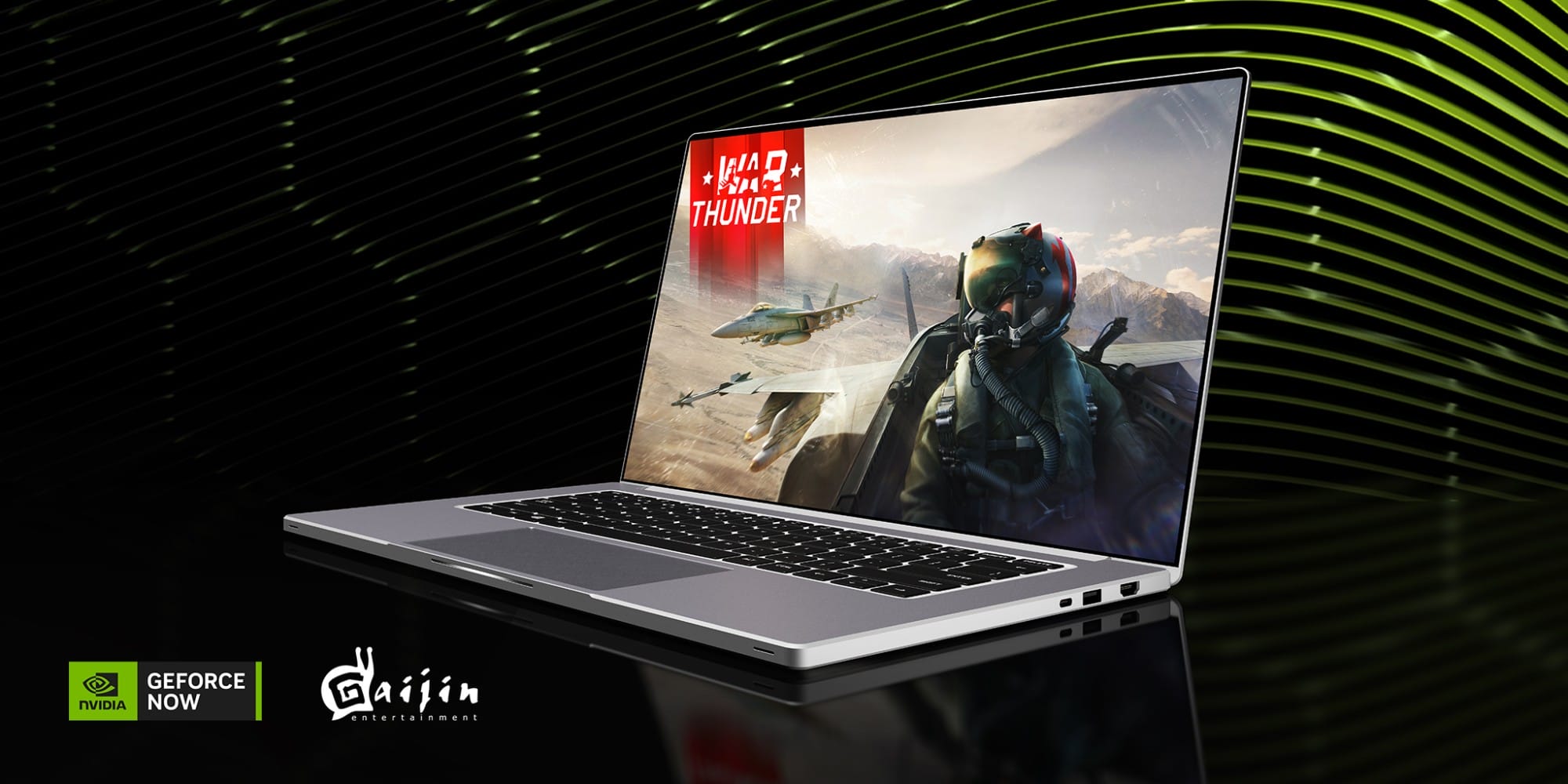 Laptop displays War Thunder gameplay with fighter jets; Nvidia GeForce Now and Gaijin Entertainment logos at bottom.