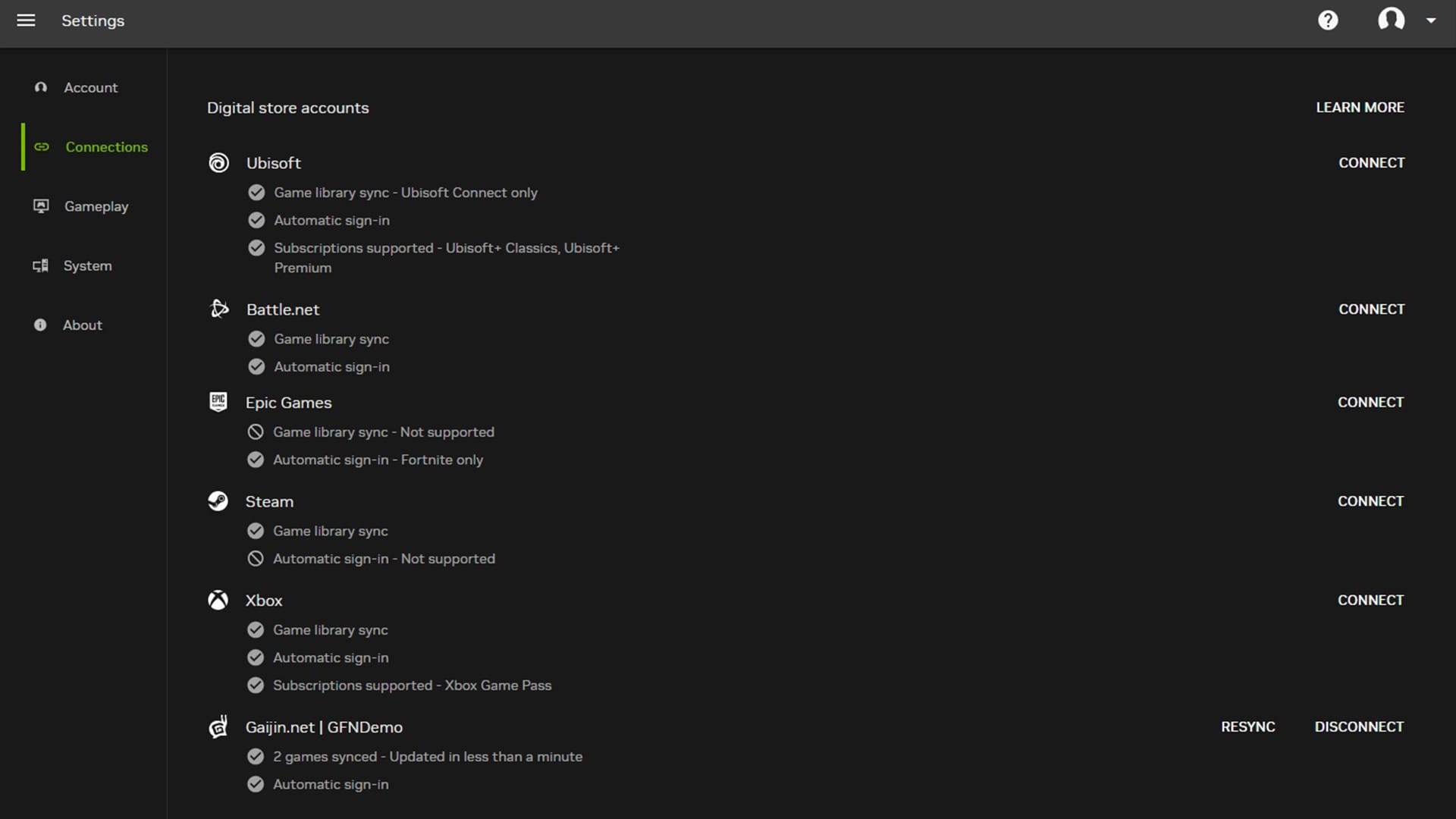Settings panel listing external game accounts (Ubisoft, Battle.net, Epic Games, Steam, Xbox) with Connect actions on the right.