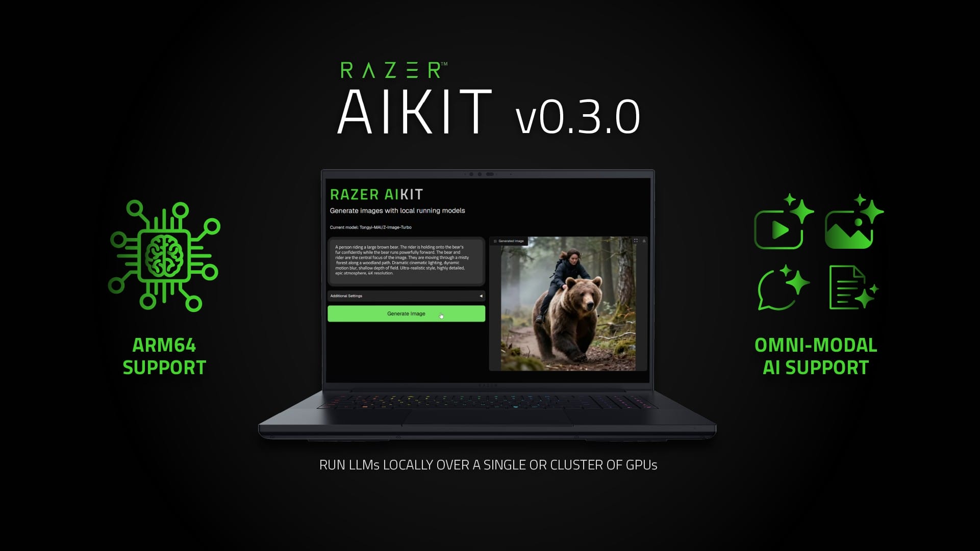 Razer AIKIT v0.3.0 banner showing a laptop UI with green ARM64 and Omni-Modal AI icons on a black gradient background.