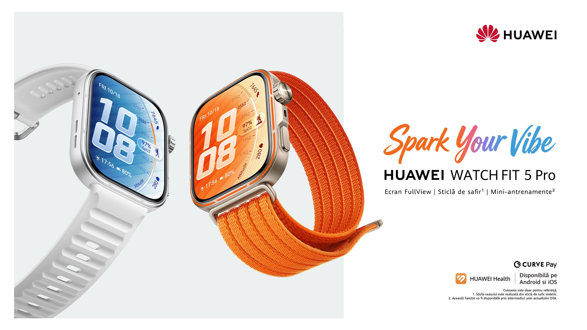 Huawei Watch Fit 5 Pro advertisement showing two colorful smartwatches with orange strap and white strap and the slogan'Spark Your Vibe' on the right.
