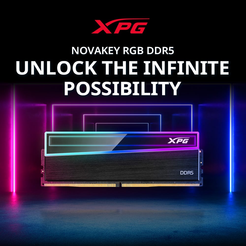 XPG NOVAKEY RGB DDR5 RAM module illuminated with neon pink and blue lighting in a futuristic tunnel backdrop.