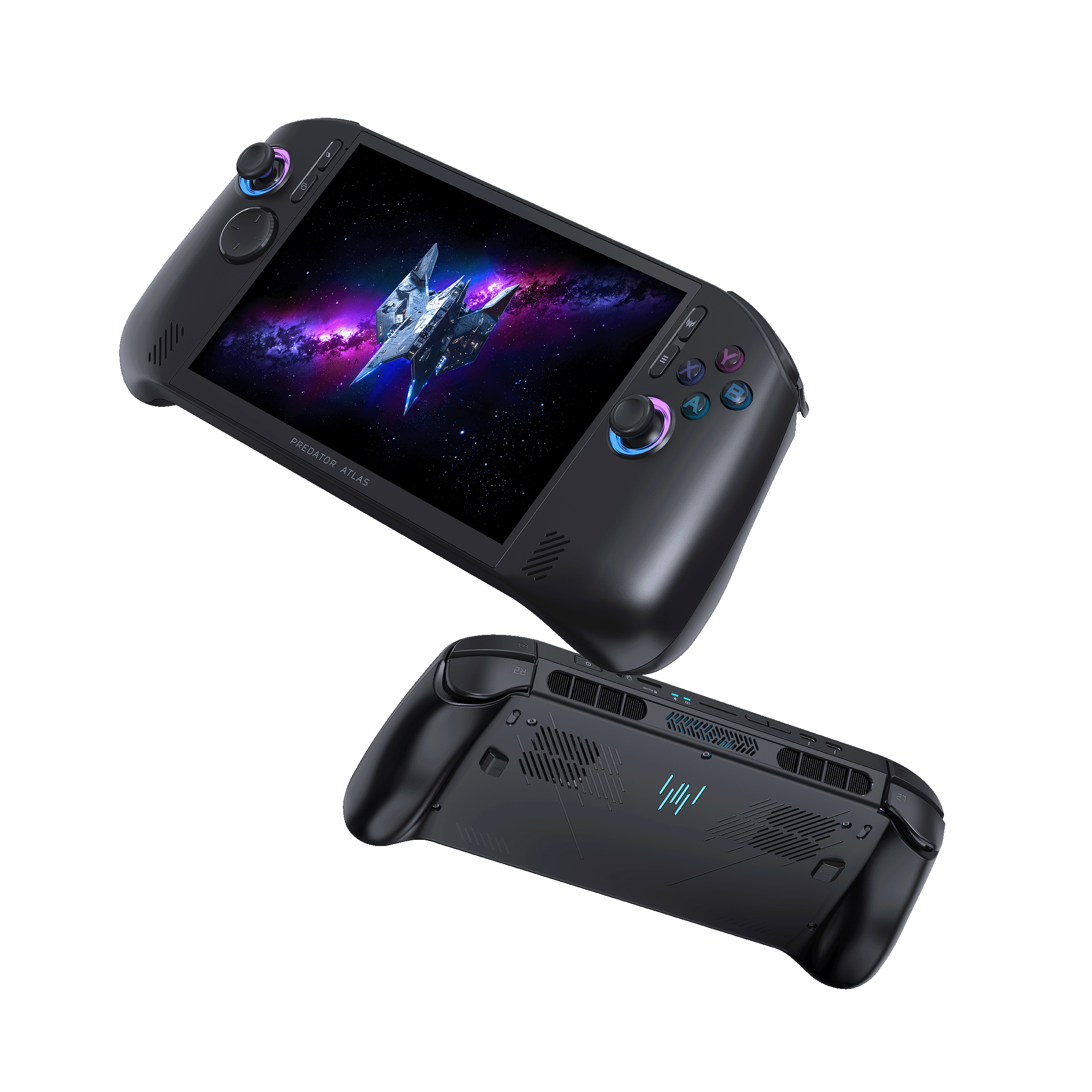 Tilted black handheld gaming console with blue-accented joysticks, displaying a space scene and futuristic ship on the screen