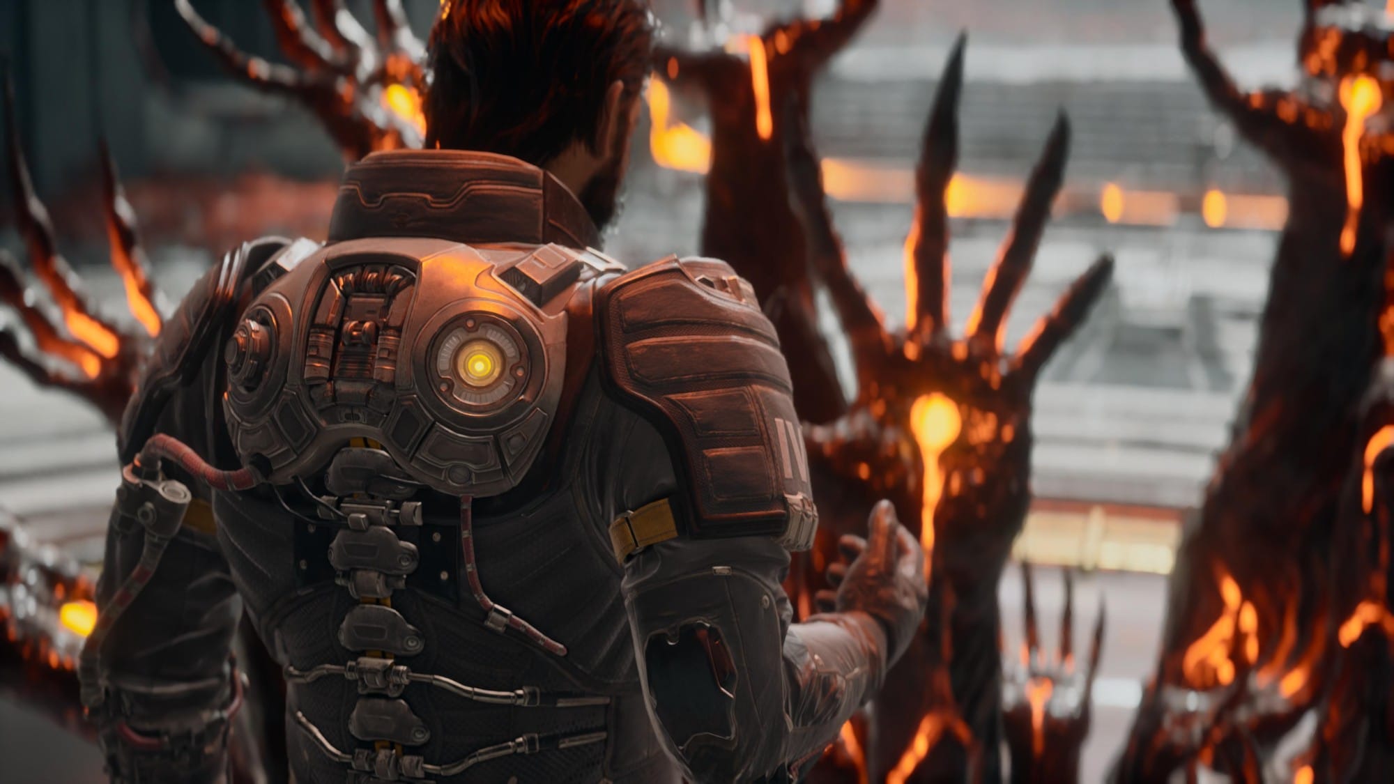 Back view of a futuristic armored soldier facing a group of fiery clawed hands in a blazing arena, dramatic sci-fi battle scene