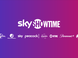 SkyShowtime hero banner with a purple-to-pink gradient and partner logos along the bottom row (Universal, DreamWorks, Sky, Peacock, Nickelodeon, Showtime, Paramount).