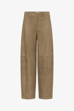 Beige crocodile-embossed trousers with belt loops and wide legs.