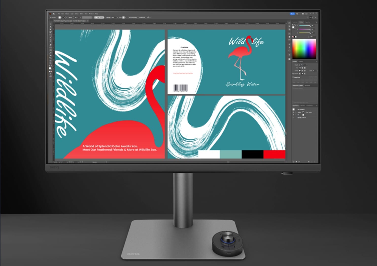 Monitor on a desk showing a three-panel graphic design with teal panels, white brush strokes, and a pink flamingo logo set against teal; a split-page layout reads'Wild Life' and'Sparkling Water'. Practical product image for design work.