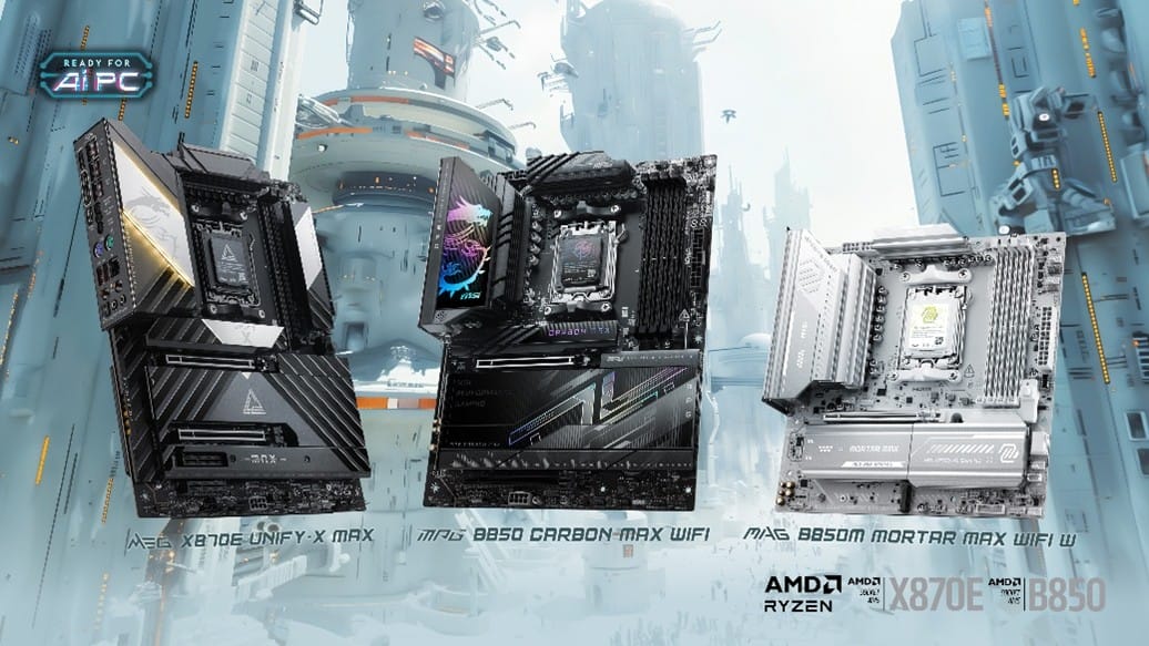 Three high-end AMD Ryzen motherboards displayed in a futuristic cityscape ad in a sci‑fi background with the READY FOR AIPC logo in the corner.