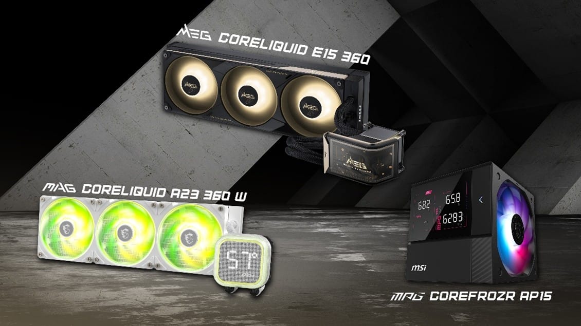 Three MSI cooling components: MAG CoreLiquid E15 360 liquid cooler, MAG CoreLiquid R23 360W radiator with green fans, and MAG CoreFrozr AP15 form factor RGB cooler with display panel, all shown in a dark, diagonal backdrop.