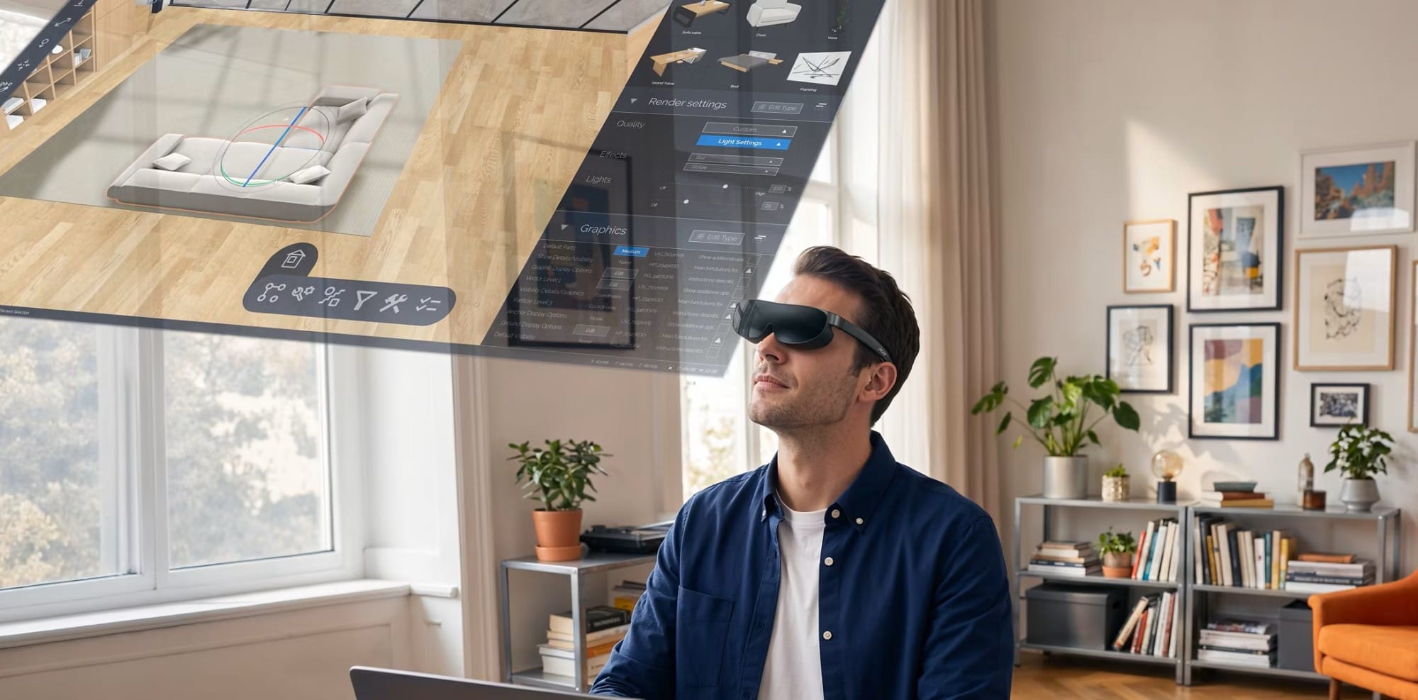Man wearing AR glasses gazes at a floating holographic UI projected above a desk in a bright living room.