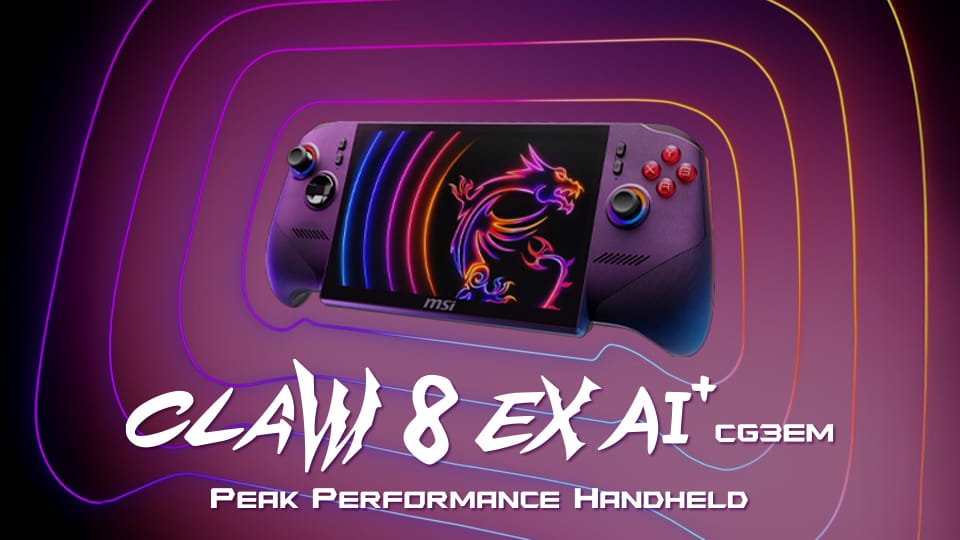 Handheld gaming console with a neon dragon on screen, surrounded by glowing purple rings and bold branding: CLAW 8 EX AI+ CG3EM, Peak Performance Handheld.