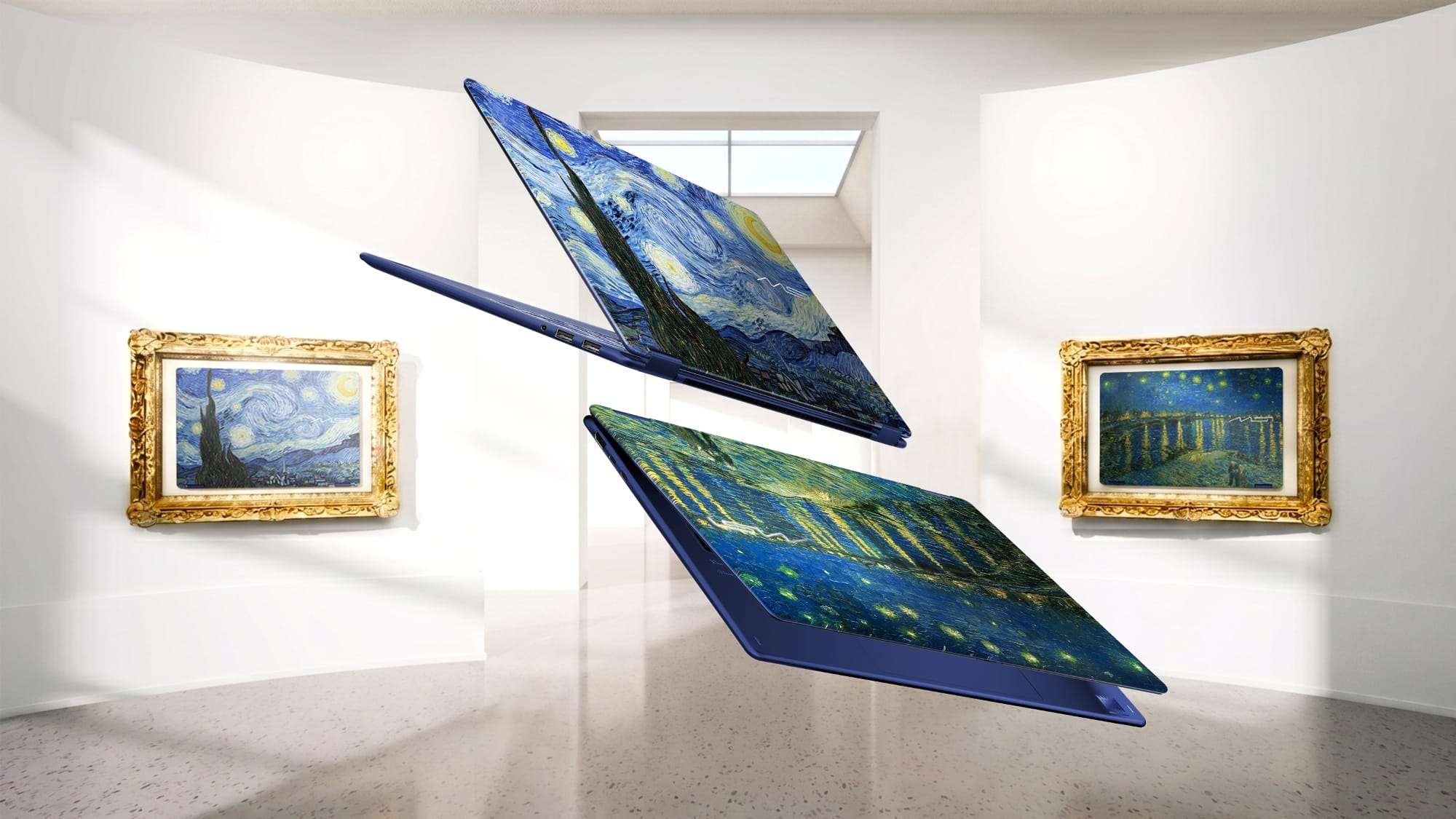 Laptop with multiple hinged screens showing Van Gogh's Starry Night, set in a white gallery with framed paintings.